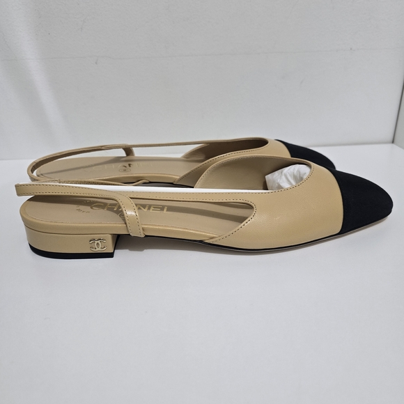 NEW Chanel Goatskin & Grosgrain Slingback Beige/Black, Size 38 - Picture 4 of 8